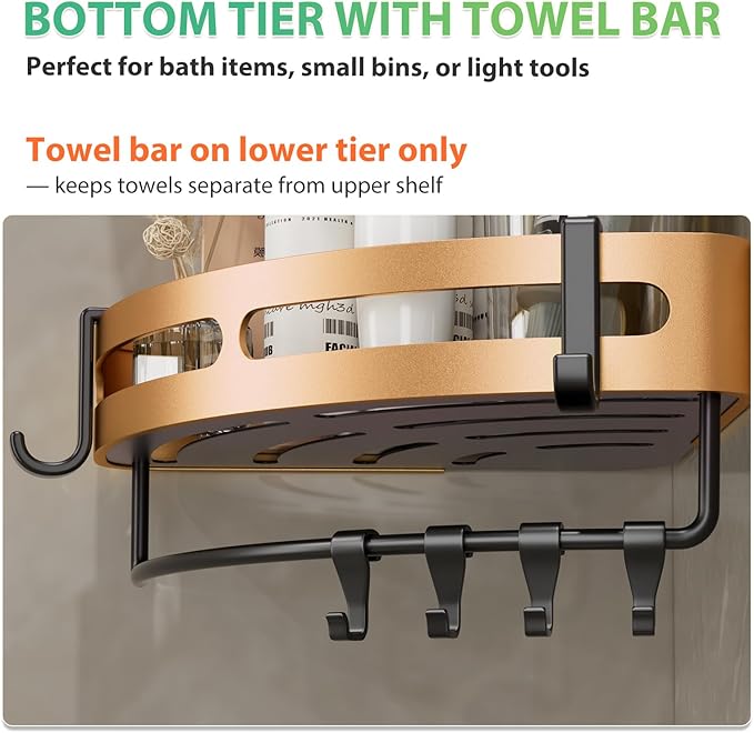 Adhesive Shower Corner Caddy,2-Pack Heavy Duty Shower Corner Shelves Rack with 8 Hooks and 1 Towel Bar,Rustproof Bathroom Organizer No Drilling Wall Mounted