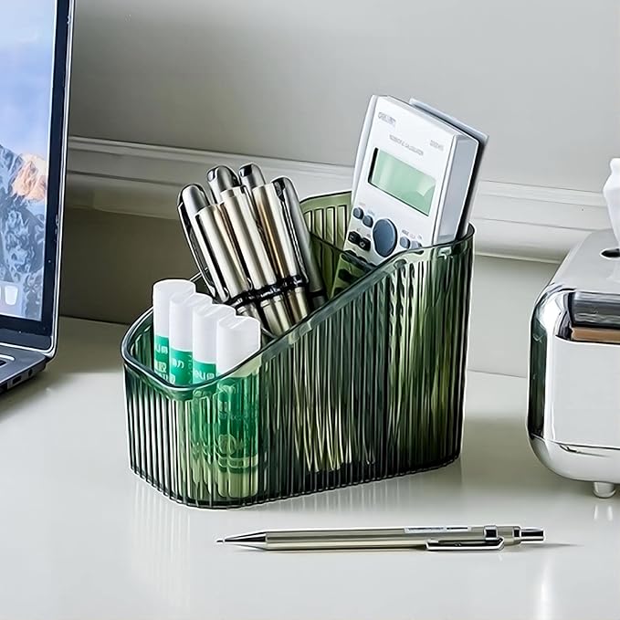 DASITON Large Capacity Makeup Brush Holder,3 Slot Makeup Brush Cup,Vintage striped Make Up Brush Holder,for Vanity Decor,Bathroom Countertops,Desk Storage Container,Cosmetic Display cases(Green-S)-NeatNest