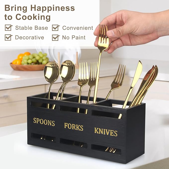 Ayiaren Wooden Cutlery Silverware Holder Flatware Utensil Caddy Black Utensil Holder for Kitchen Counter Wood Silverware Caddy Organizer for Table Countertop Spoon Knife and Fork Holder for Parties-NeatNest