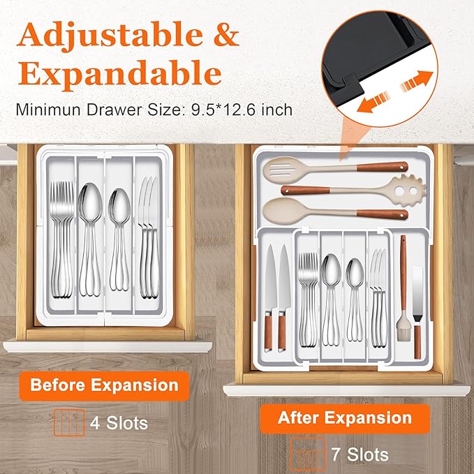 Adjustable Kitchen Utensil Organizer Plastic Silverware Drawer Organizer, Expandable Cutlery Drawer Organizer BPA Free Flatware Tray for Spoons Forks Knives Organizers Divider, White-NeatNest