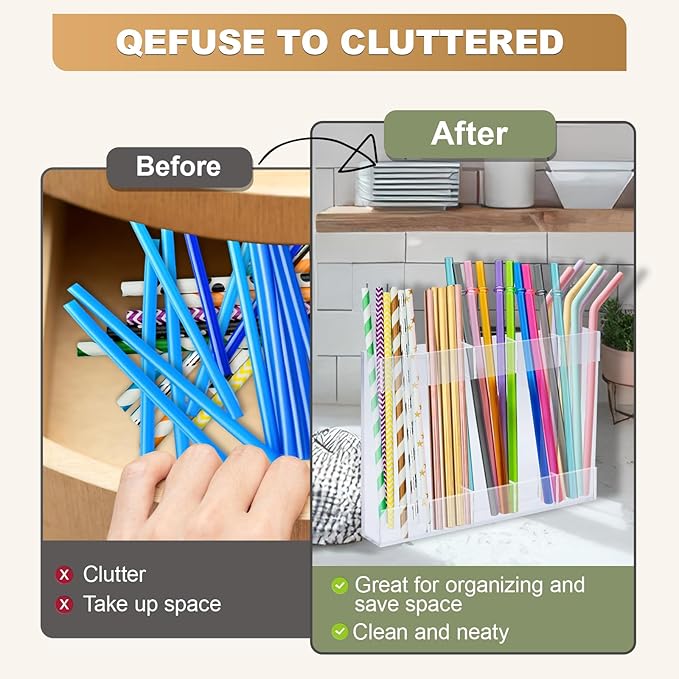 Acrylic Straw Holder Dispenser with Double Sided Adhesive Tape Reusable Tumbler Lid Straw Organizer Storage Container for Counter Cabinet Cupboard Kitce (Clear)