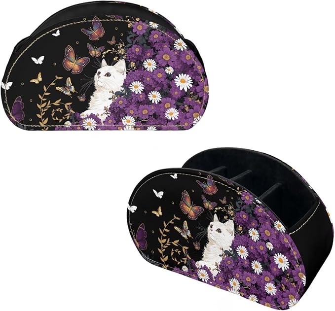 Cute White Cat Butterfly Print TV Remote Control Organizer PU Leather Desktop Storage Box,Table Caddy,Desktop Storage for Media Players/Controllers/Eyeglasses/Makeup Brushes/Pens-NeatNest