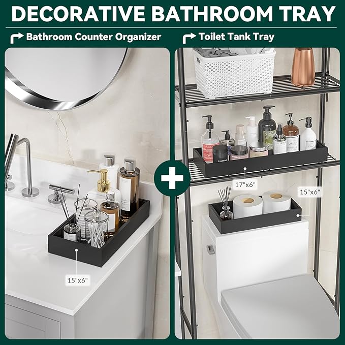 Bamboo Drawer Organizer, Extra Large Silverware Organizer for Kitchen Drawer, Stackable Utensil Organizer, 2 Pcs Toilet Tank Topper Tray, Wooden Toilet Paper Basket (Black, 17 X 6 X 2 Inch)-NeatNest