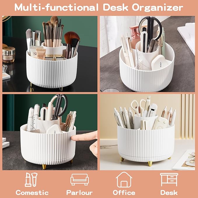 360° Rotating Desktop Women Brush Holder Organizer, Makeup Organizers Countertop (White-1)