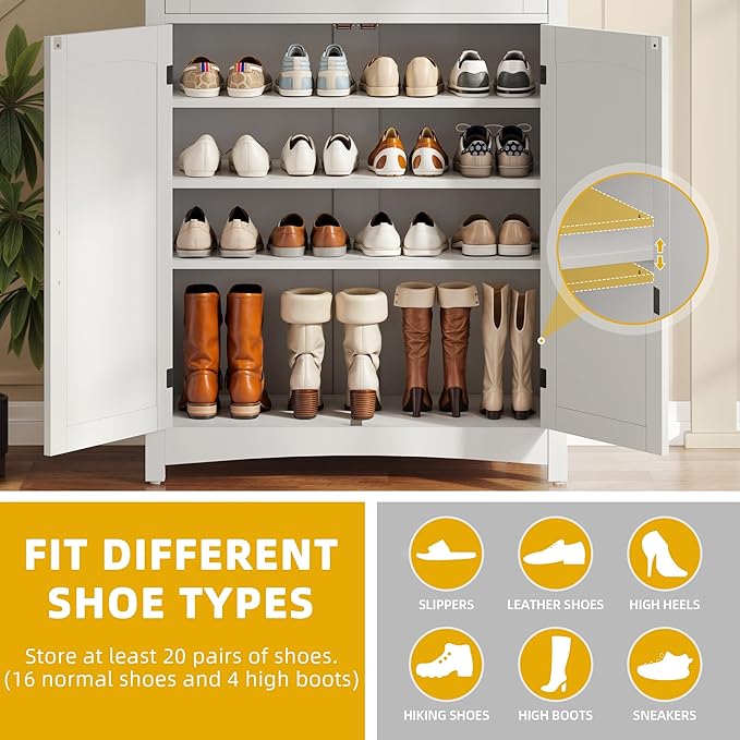 DWVO 5-Tier Shoe Storage Cabinet, Farmhouse Shoes Rack Cabinet with Adjustable Shelf, 43" Tall Shoe Organizer with Drawer & Doors for Entryway Hallway Living Room Closet (White)-NeatNest