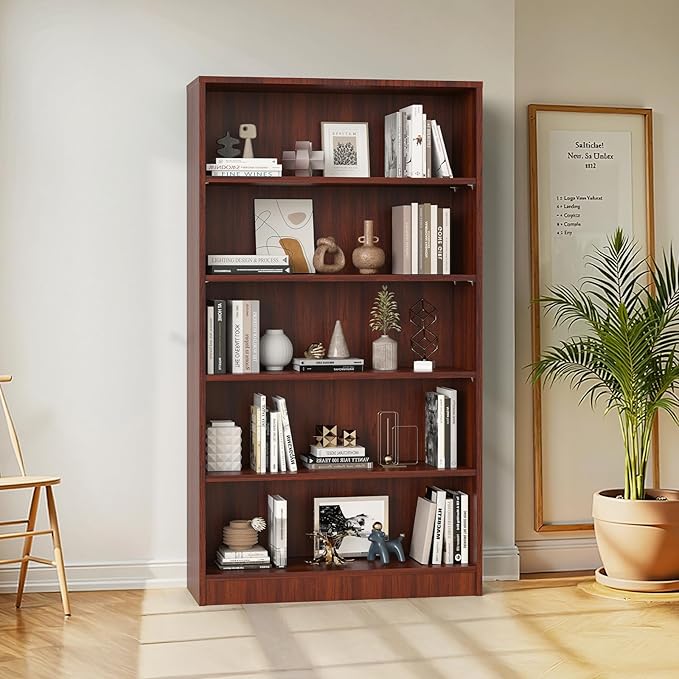 Farini 60 Inch Tall 5-Shelf Bookcase, Wood Bookshelf Storage Organizer Adjustable Shelf for Home Office, Study Room, Easy Assembly,Mahogany