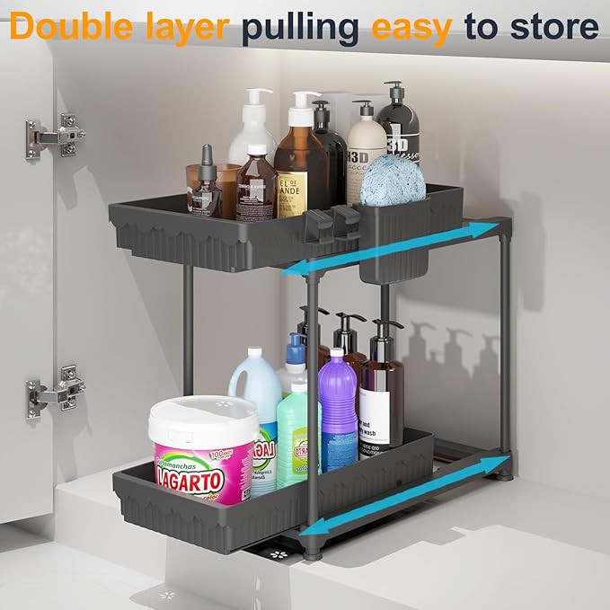 2 Pack Double Sliding Under Sink Organizers and Storage, 2 Tier Under Bathroom Cabinet Shelf Organizer with Hooks Hanging Cup, Home Organization, Black-NeatNest