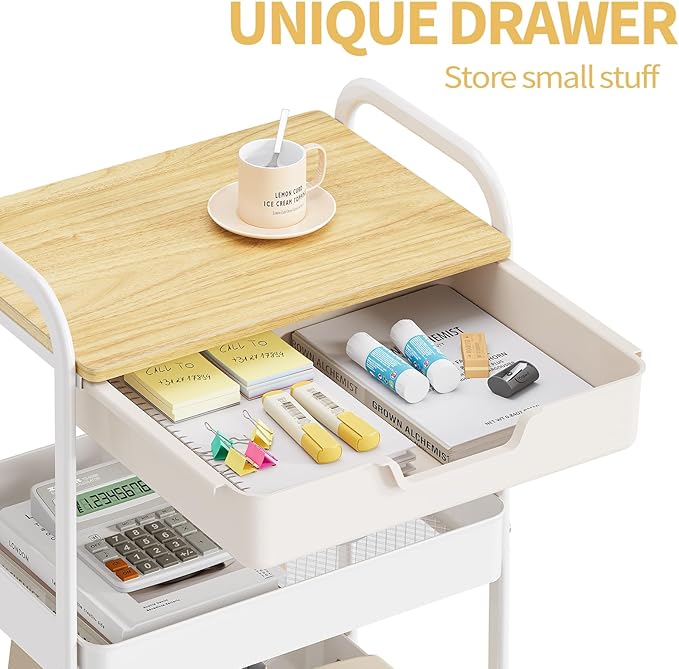 TOOLF 3-Tier Metal Utility Rolling Cart with Drawer and Wooden Table Top, Storage Cart White Trolley Kitchen Organizer Rolling Desk with Locking Wheels for Office, Classroom, Home, Bedroom-NeatNest