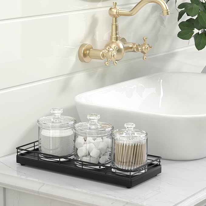 Bathroom Tray for Counter, Oak Wooden 11.2" L Decorative Vanity Tray for Dresser Tops Perfume Jewelry Makeup Candle Soap Sponge Holder for Kitchen Countertop Organizer Coffee Table Decor Bar Black-NeatNest