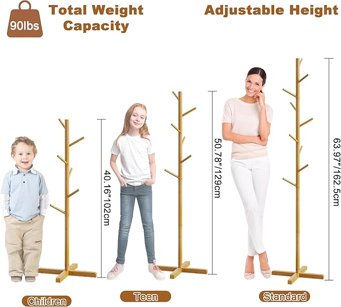 Bamboo Tree Coat Rack Stand, Freestanding kids Coat Tree with 9 Hooks 3 Adjustable Height for Child Adult, Coat Stand Tree Fits Entryway Bedroom Office for Bags Hats (64 inch height)-NeatNest