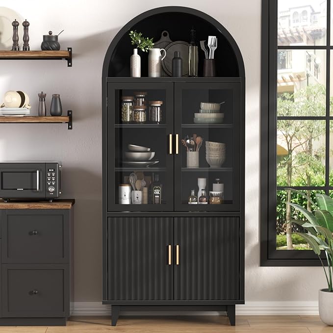 Arched Cabinet with Glass Doors, Fluted Tall Pantry with Solid Wood Legs, 71" Modern Accent Cabinet for Living Room, Kitchen, Dining Room, Entryway, Black