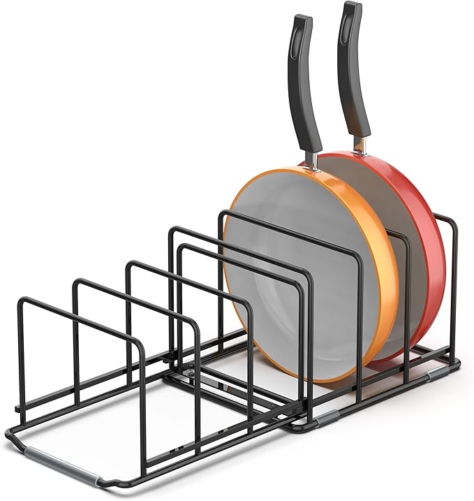 Adjustable 2.2in Pan Organizer Rack - for Pots,Pans,Cutting Boards,Cookie Sheets & Muffin Pans with 6 Slots,Non-Slip