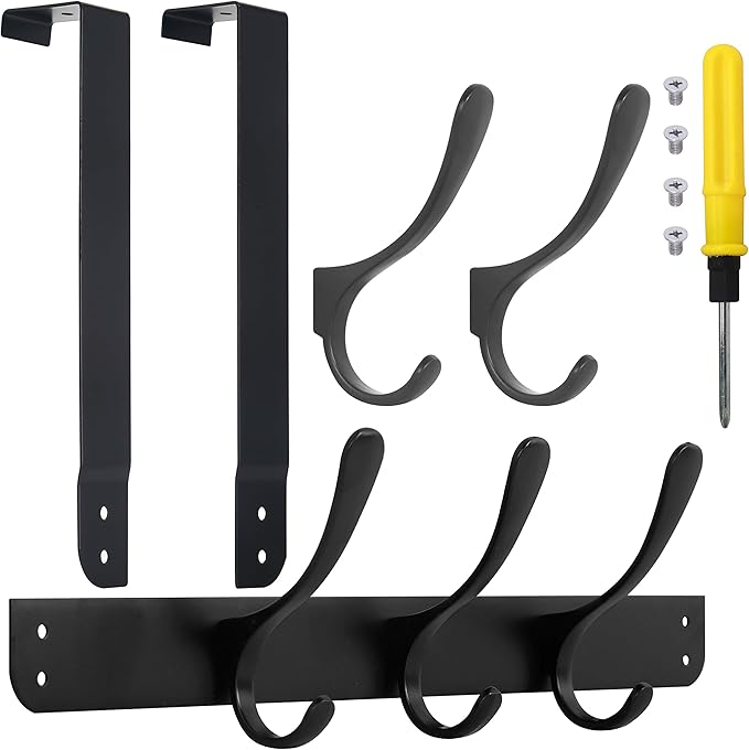 SKOLOO Over The Door Hook, Door Hanger Hooks for Hanging Clothes, Towels, Coats, Hats, Over The Door Towel Hook - Pack of 2, Black, Assembly Required