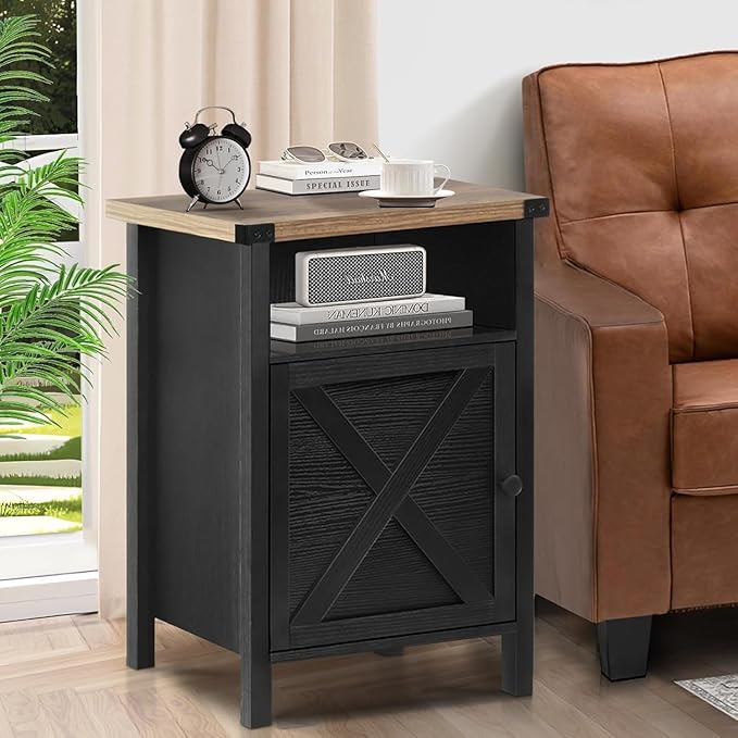Farmhouse End Table, Nightstand, End Tables with Barn Door and Shelf, Wooden Sofa Side Table, Modern Bed Side Table Rustic Nightstands Set of 2, Bedroom, Living Room, Black