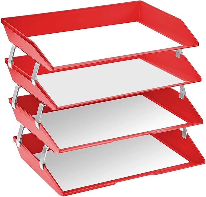 Acrimet Facility 4 Tier Letter Tray, Side Load, Letter Size/A4, Desktop File Organizer, Plastic (Solid Red)-NeatNest