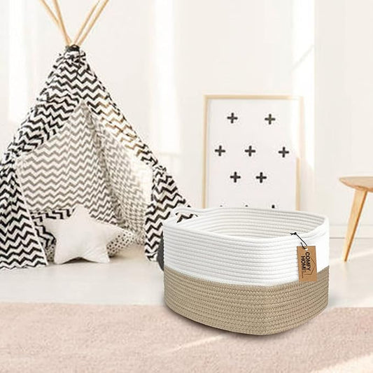 COMFY-HOMI Cotton Rope Woven Basket with Handles for Shelves,Toys,Book, Cloth Storage Baskets Bin for Organizing-13.5"x11"x9.5" Toy Decorative Organizer for Living Room, Bathroom-Light Brown-NeatNest