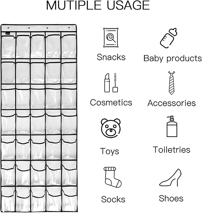 1 Pack 35 Clear Crystal Pockets Large Hanging Shoe Organizer Over The Door Shoe Rack for Closet Door Storage Shoe Holder Hanger, 4Hooks, white (67.7'' x 26.4'')-NeatNest