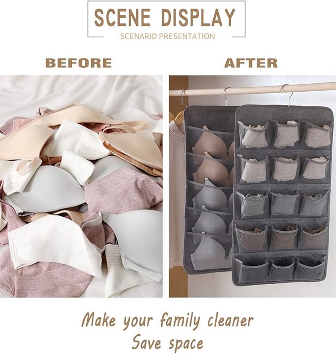 AARAINBOW Hanging Bra Organizer with Pockets, Hanging Sock Organizer, Dual Sided Hanging Closet Underwear Storage Holder for Lingerie, Panty Tie (20+20 Pockets, 2 Gray)-NeatNest