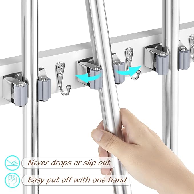 Mop and Broom Holder Wall Mount - White Broom Mop Hanger - Wall Mounted Garden Tool Rack Organizer for Closet Garage Laundry Room Kitchen Decor With 5 Slots & 4 Hooks-NeatNest