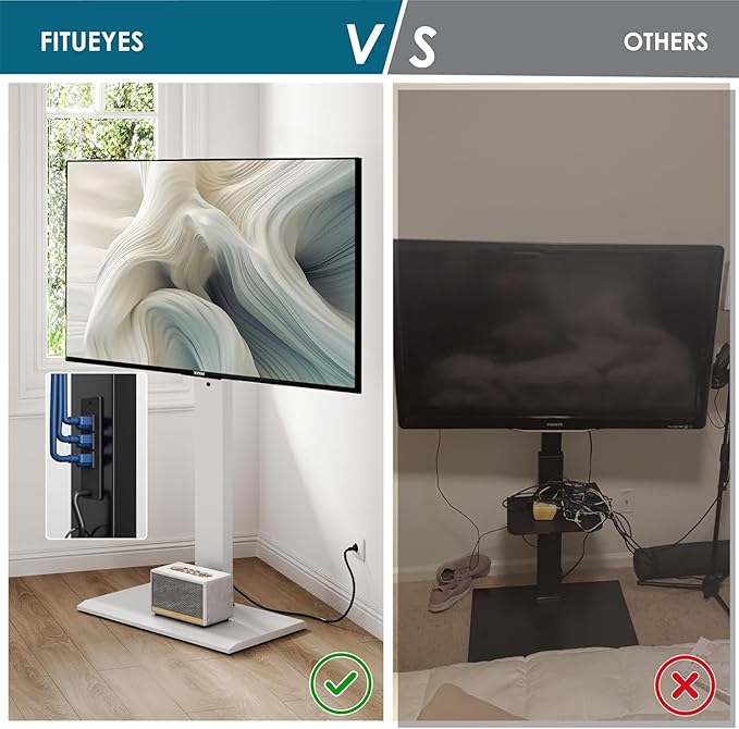 FITUEYES Iron Base Floor TV Stand with Power Strip, Tall TV Stand with Swivel Mount for 50-85 Inch Plasma Flat Panel or Curved Screen TVs Height Adjustable Wire Management MAX VESA 800x400 mm