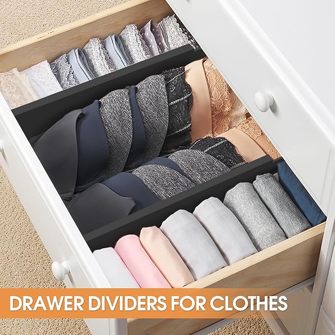 Bamboo Drawer Dividers Organizers, Kitchen Drawer Organizer, Adjustable Drawer Divider for Clothes, Kitchen, Dresser, Bedroom, Bathroom and Office, 4-Pack (Black, 12-17 IN)-NeatNest