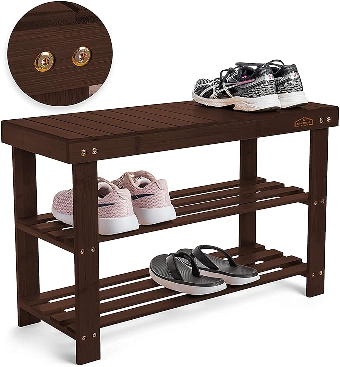 Homemaid Living Bamboo 3 Tier Shoe Rack Bench, Premium Shoe Organizer or Entryway Bench, Perfect for Shoe Cubby, Entry Bench, Bathroom Bench, Entryway Organizer, Hallway or Living Room(Brown)-NeatNest