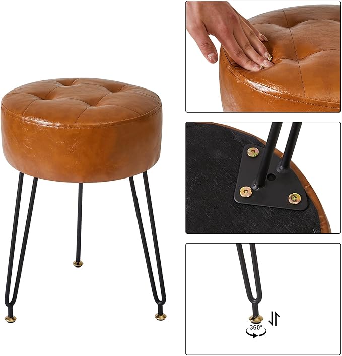 IBUYKE Faux Leather Round Footrest, Makeup Vanity Stool Side Table, PU Dressing Table Seat, Pouf Couch Stool, Golden Steel Legs, Light Brown LG-31J