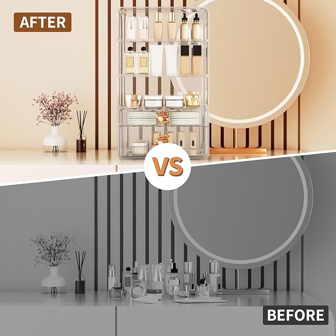 Large Makeup Organizer Countertop with 2 Drawers, Adjustable Tier Height, Bathroom Storage and Organization, Clear Vanity Shelves for Cosmetics Skincare Jewelry Dresser Bedroom Pantry