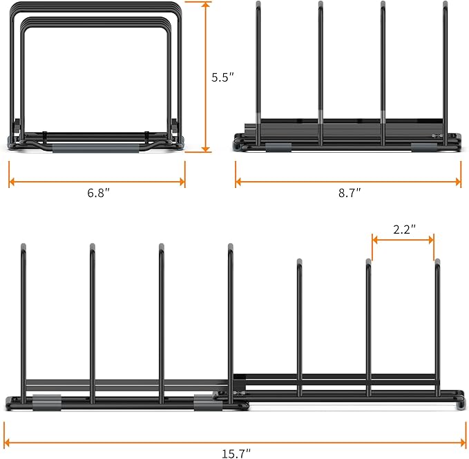 Adjustable 2.2in Pan Organizer Rack - for Pots,Pans,Cutting Boards,Cookie Sheets & Muffin Pans with 6 Slots,Non-Slip