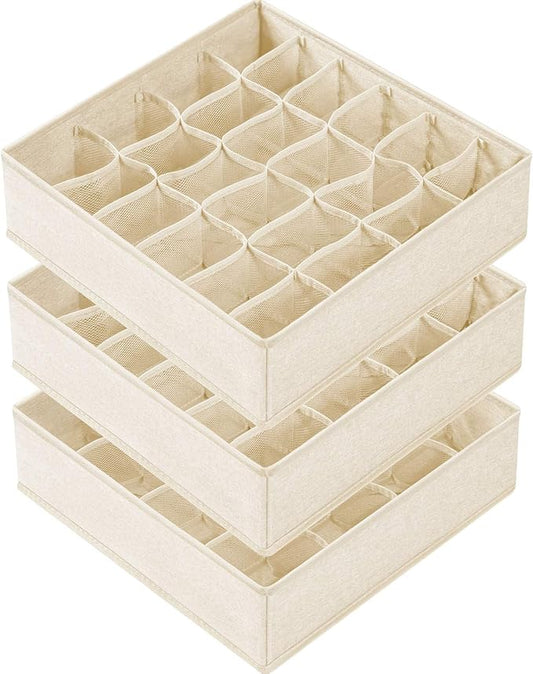 Criusia 3 Pack Sock Underwear Drawer Organizer Dividers, 64 Cell Fabric Foldable Cabinet Dresser Closet Organizers and Storage Boxes for Organizing Socks, Underwear, Ties (16+24+24 Cell, Beige)-NeatNest