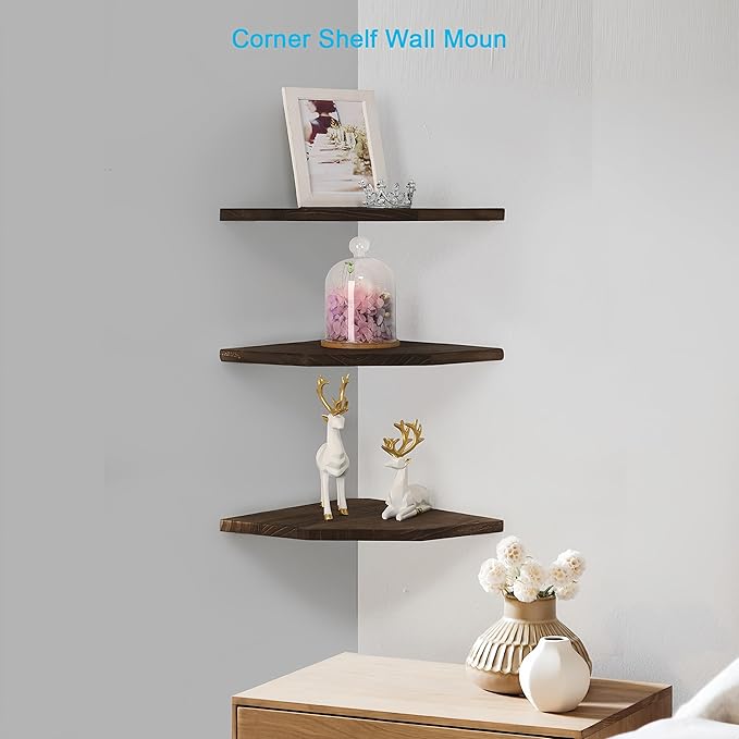 Corner Wall Shelves, Wood Corner Floating Shelves with Cable Raceway, Wall Mount Storage Display for TV Accessories, Monitor, Speaker (Carbonized Dark Brown, Diamond- 10 Inch)-NeatNest