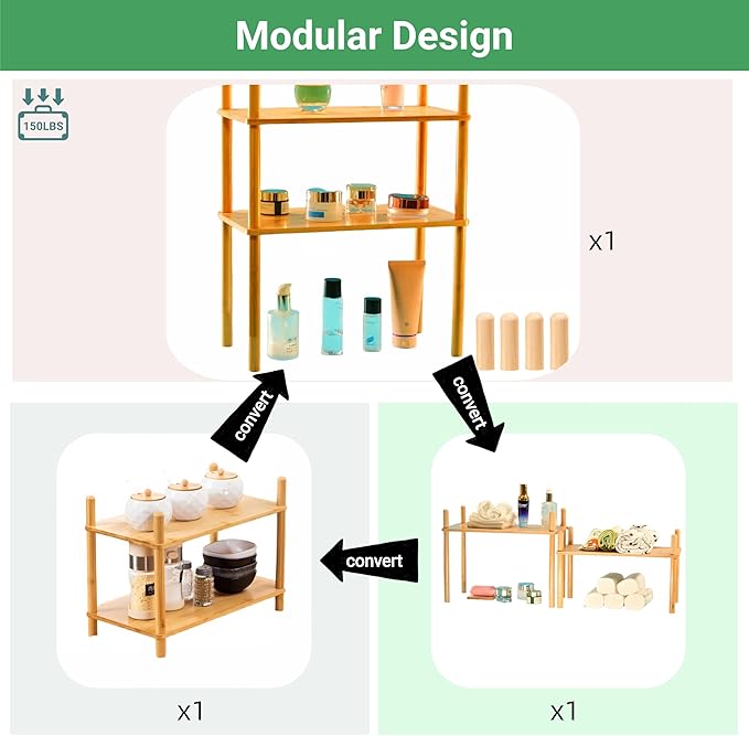 Bamboo Rack | Tool-Free Expandable (2-6 Tiers) | Kitchen Spice Organizer & Office Breakroom Snack/Cup Storage (Natural Bamboo)(Powered by Gogogo) (Natural, 15.6" W(2 Tier))-NeatNest