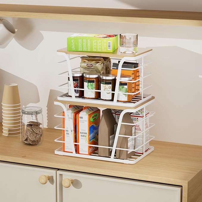 Extra Large 2 Pack Stackable Pantry Organizers - Laundry Room Organization & Decor, Kitchen Decor, Wall Mount Trash Bag Holder with Bamboo Top, White