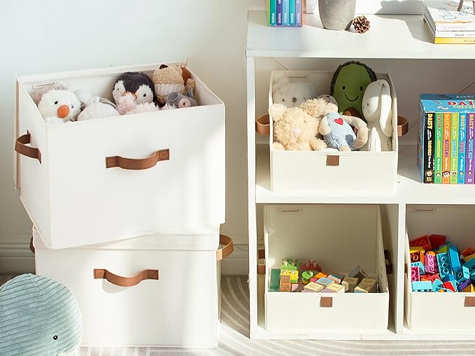 StorageWorks Fabric Storage Bins with Lid, Decorative Storage Boxes for Shelves, Stackable Closet Organizer Basket with Handles, Large, Ivory White, 2-Pack-NeatNest