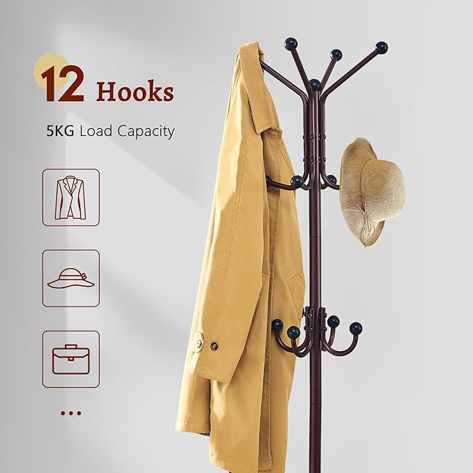 FAVOOSTY Coat Rack Freestanding,Coat Rack Stand with Umbrella Holder,Metal Coat Tree with 12 Hooks,Tree Clothes Hat for Entryway, Hallway, Bedroom, Living Room & Office -Brown-NeatNest