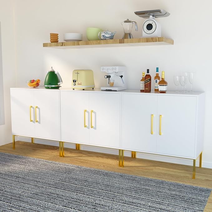 JOZZBY Buffet Sideboard Cabinet with Storage, Modern Wooden Cabinet with Adjustable Shelves, White and Gold Cabinets for Living Room, Kitchen, Hallway, Set of 3