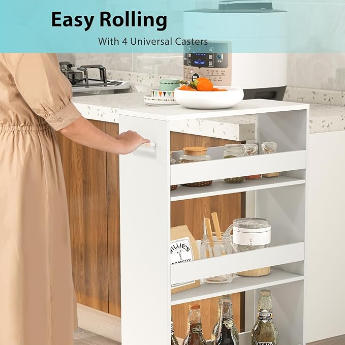 POWERSTONE 4-Tier Slim Storage Cart, Narrow Kitchen Rolling Cart w/Handle & Open Shelves, Skinny Slide Out Utility Organizer Trolley for Kitchen Bathroom Laundry Small Spaces White