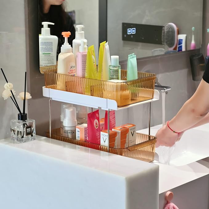 Bathroom Kitchen Storage Organizer 2 Tier Under the Sink Organizer Baskets Vanity Countertop Container Cabinet Drawers Bins Pull-Out Organization with Sliding Drawers for Cabinet, Pantry and Desktop-NeatNest