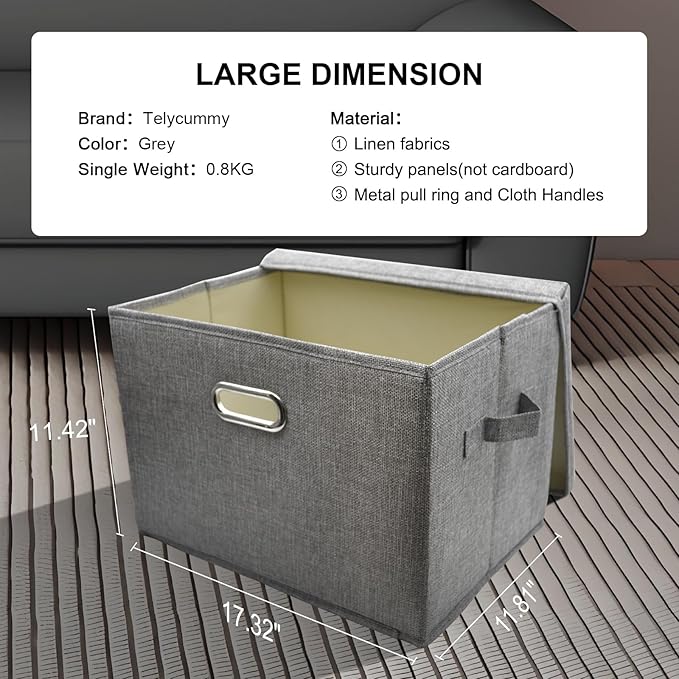 3 Pack Large Linen Collapsible Closet Organizers and Storage Bins with Removable Lids Storage Boxes for Organizing Clothing,Sheets,Toys,Shelves Basket Cube Storage Bin with Handles-NeatNest