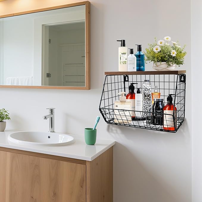 2-Pack Hanging Fruit Basket for Kitchen, Wall Mounted Metal Wire Storage Bins w/Wood Lid, Banana Hook, Stackable Vegetable Organiser for Countertop Pantry Produce Fruits Onion and Potato
