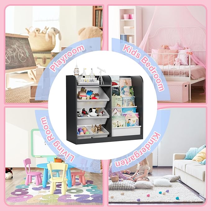 Black Kids Wood Bookshelf Toy Storage Box Organizer Shelf W/4 Removable Plastic Toy Bins Children Bookcase Toddler Baby Sling Book Rack Cabinet Chest Girl Boy Gift Playroom Classroom Bedroom Nursery-NeatNest