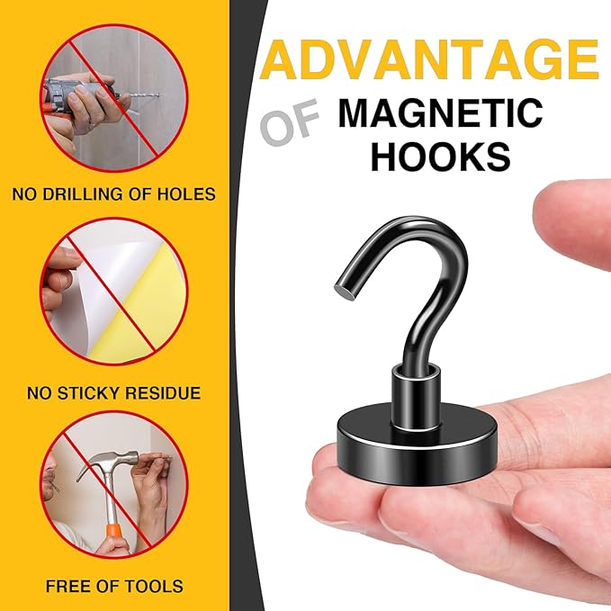 DIYMAG Black Magnetic Hooks, 80 LB Heavy Duty Strong Magnet with Hooks, Strong Rare Earth Neodymium Magnet Hooks for Hanging, Magnetic Hanger for Curtain, Home, Kitchen, Workplace, 20 Packs-NeatNest