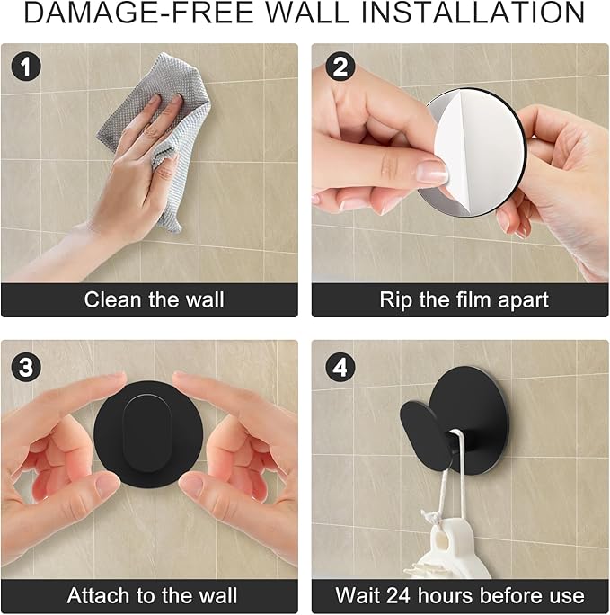 Adhesive Hooks, 4 Pack Towel Hooks Wall Hooks for Bathroom, Kitchen - Bath Robes Coat Hook for Hanging(Matte Black, Stainless Steel)