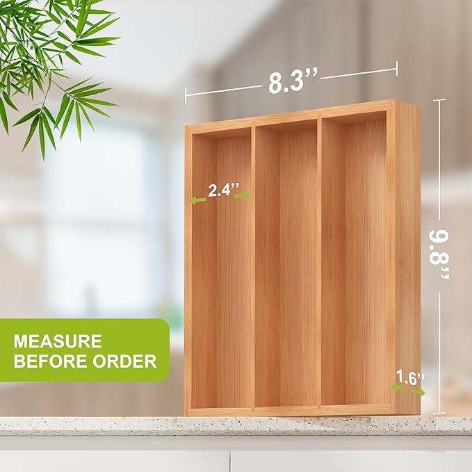Bamboo Utensil Drawer Organizer, Silverware Tray Organizer, Kitchen Drawer Organizer for Flatware Cutlery, (Natural, 3 Slots)-NeatNest
