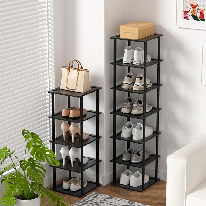 Bamboo Free Standing Shoe Rack Shelf Multi Tier Tall Wooden Stackable Shoes Rack Organizer for Closet Front Door Entrance Narrow Vertical Shoe Storage Rack for Corner Stand (Black, 12 Tiers)-NeatNest