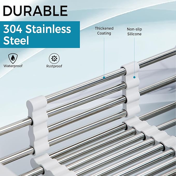 COVRA Over Sink Dish Drying Rack, Stainless Steel Drainer for 11"-19" Sinks, Kitchen Countertop Organizer for Dishes, Vegetables, and Fruits (Gray)-NeatNest