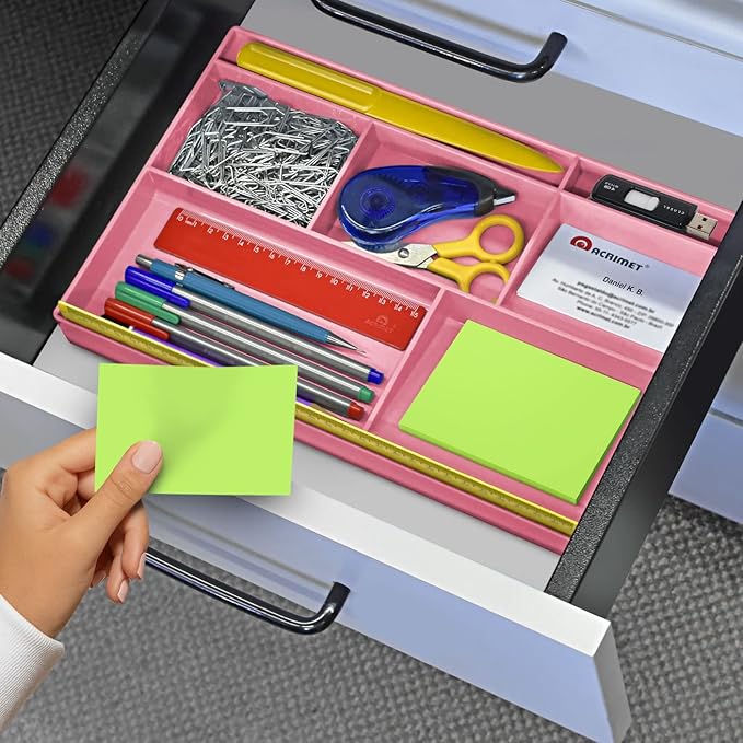 Acrimet Desk Drawer Organizer Tray with 8 Compartments – Multi-Purpose Bin for Office Supplies, Makeup, and Accessories – Fits inside Drawers or Desktops, 12.75" x 8" x 1.06" (Plastic) (Pink Color)-NeatNest