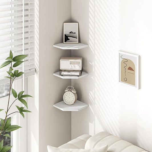Corner Shelf Wall Mount, Floating Corner Shelves, Set of 3 Corner Wall Shelf Organizer, Rustic Wood Wall Storage Display Shelves for Living Room Bedroom Bathroom Kitchen, Rustic White-NeatNest