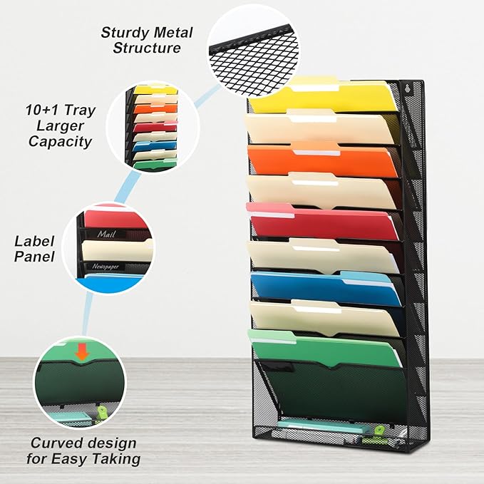 EASEPRES Desk File Organizer Mesh 11-Tier, Hanging Wall Mount Document Organization Stand, Desktop Vertical Mail Paper Folder Holder Rack with Bottom Tray for Office Home Cubicle Countertop, Black