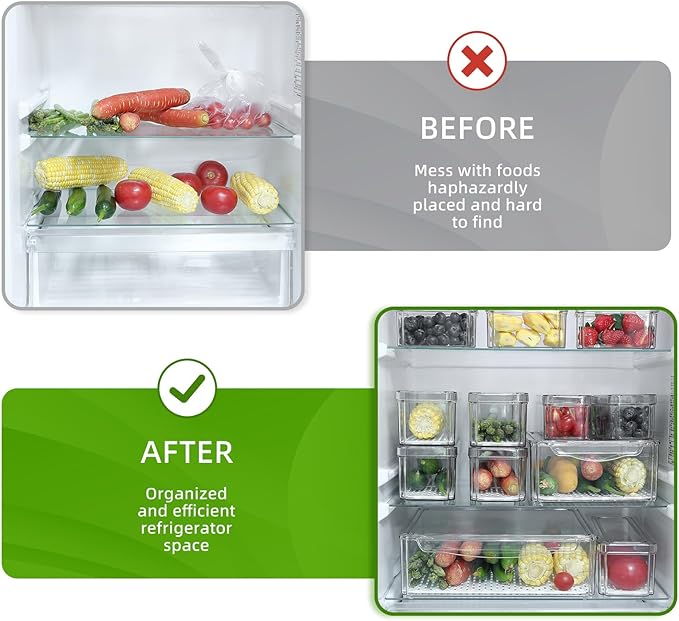 Refrigerator Organizers and Storage, 7 Pack Stackable Clear Drawer Storage Containers and Bins with Lids for Salad Bar, Fruits, Vegetables, Food, Produce, Kitchen and Fridge Organization